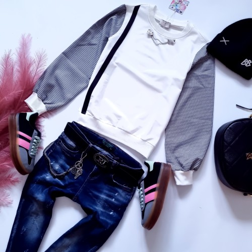 SOGO - BIAŁA BLUZA - RĘKAWY W PEPITKĘ