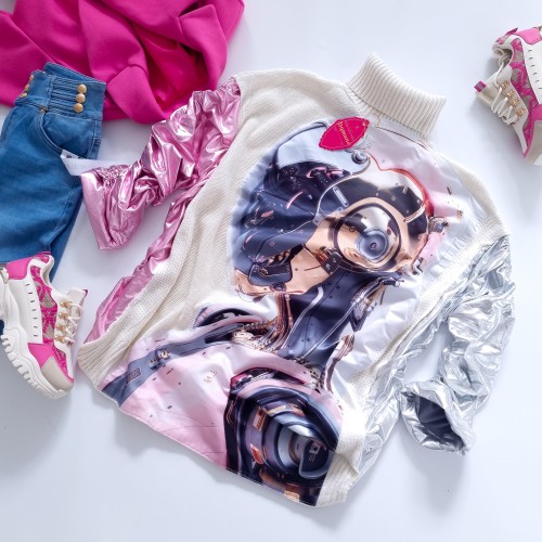 DQMANE -  SWETER Z METALICZNYM RÓŻEM - KOLOROWY NADRUK - OVERSIZE