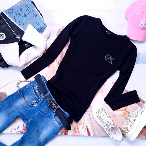 PUCCIHINO - CZARNA BLUZKA Z DŁUGIM RĘKAWEM WYSZYWANA LOGIEM Z CYRKONIAMI