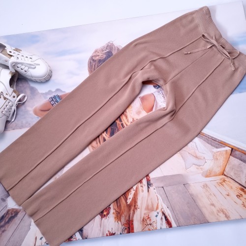 BEŻOWE DZIANINOWE SPODNIE - SZEROKA NOGAWKA