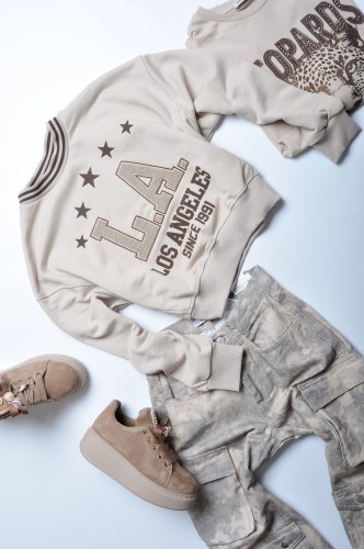 MINT - KRÓTKA BEŻOWA BLUZA  - LOS ANGELES