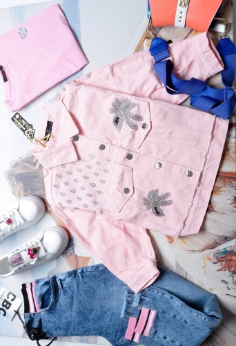 COCO BIANCA - RÓŻÓWA KURTKA - CYRKONIE - 3/4 RĘKAWY