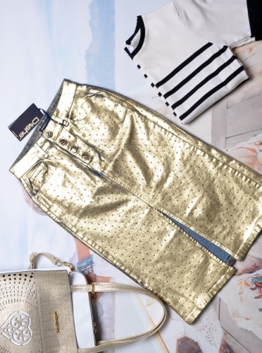 DI'SHE POZŁACANA SPÓDNICA MIDI Z GUZIKAMI I ROZCIĘCIEM