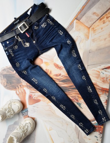 PUCCIHINO - GRANATOWE JEANSY SLIM FIT - CYRKONIOWE ZDOBIENIA