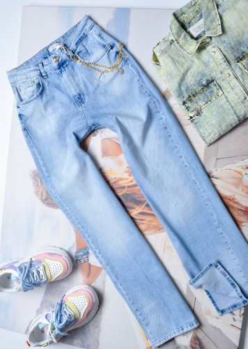 DI'SHE - BŁĘKITNE JEANSOWE SPODNIE - ZŁOTY ŁAŃCUCH