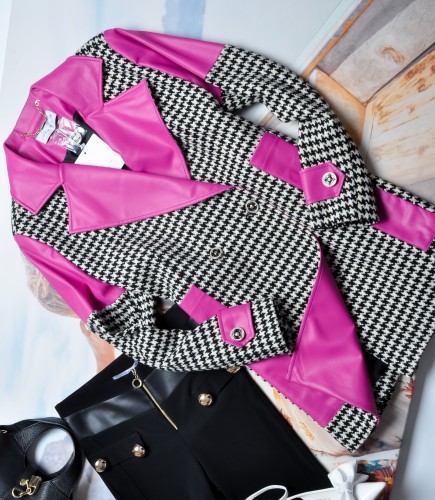 DŁUGA MARYNARKA W PEPITKĘ - PURPUROWE WSTAWKI Z EKOSKÓRKI