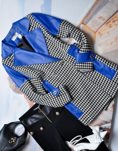 DŁUGA MARYNARKA W PEPITKĘ - NIEBIESKIE WSTAWKI Z EKOSKÓRKI