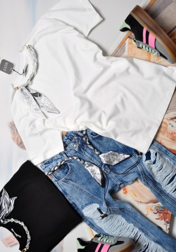 MINT - BIAŁA BLUZKA - APASZKA - PEREŁKI