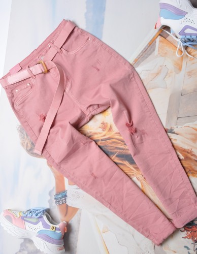 M.SARA - JEANSOWE RÓŻOWE SPODNIE  - MOM FIT - PRZECIERANE