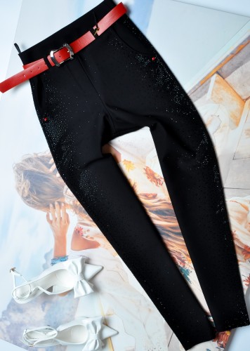 LADY ELITE - CZARNE SPODNIE POSYPANE CYRKONIAMI - PASEK 