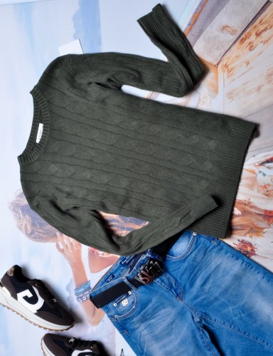 ZIELONY SWETEREK Z WARKOCZOWYM SPLOTEM