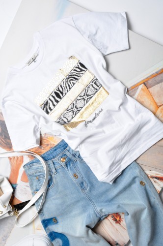 MINT - BIAŁA BLUZKA - ZWIERZĘCE WZORY - CYRKONIE