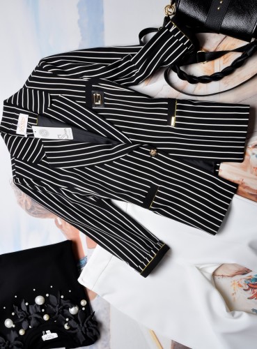 SASIN - CZARNA MARYNARKA W BIAŁE PASKI - ZŁOTE ZDOBIENIA