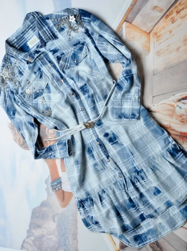 DI'SHE - NIEBIESKA SUKIENKA W KRATĘ - GWIAZDKI - BIAŁY PASEK