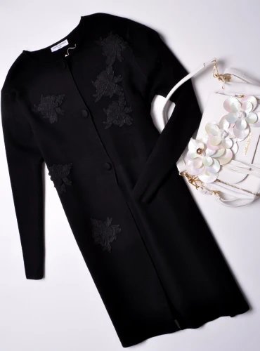 DZIANINOWA SUKIENKA/KARDIGAN - CZARNA - GUZIKI - KWIATY 