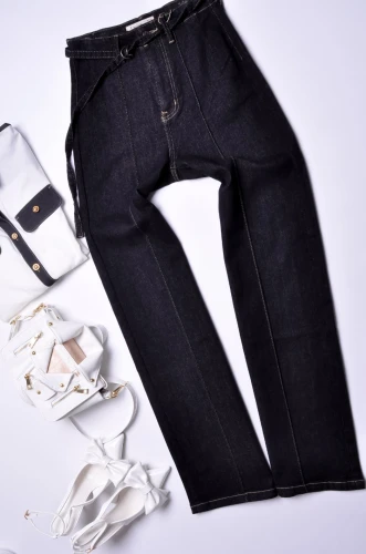 GRANATOWE  SPODNIE Z SZEROKĄ NOGAWKĄ - PASECZEK