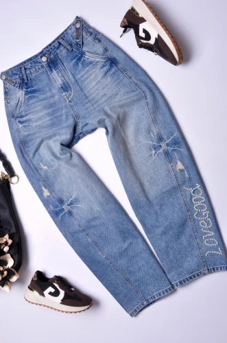 JEANSOWE PRZECIERANE SPODNIE Z SZEROKIMI NOGAWKAMI - PEREŁKI