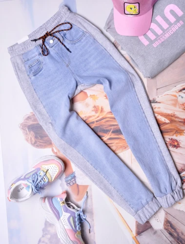 POPIELATE SPODNIE ZE ŚCIĄGACZAMI - JEANSOWY PRZÓD