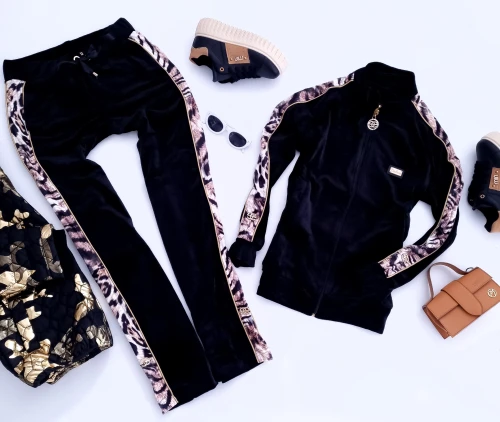 EZE - WELUROWY CZARNY DRES - PANTERKOWE LAMPASY