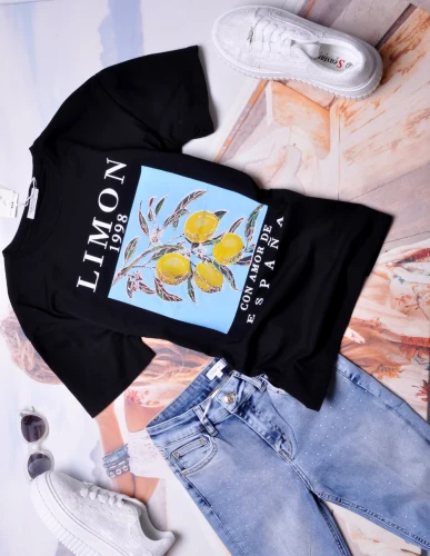 CZARNA BLUZKA - APLIKACJA CYTRYN - NAPISY - CYRKONIE