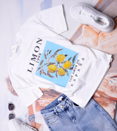 BIAŁA BLUZKA - APLIKACJA CYTRYN - NAPISY - CYRKONIE