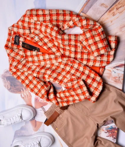 SASIN - MATERIAŁOWA MARYNARKA W KRATĘ  Z POMARAŃCZOWYMI AKCENTAMI