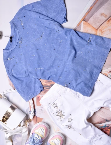 MINT - NIEBIESKA BLUZKA PRZECIERANA - CZARNE I SREBRNE CYRKONIE