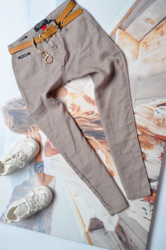 PUCCIHINO BRĄZOWE SPODNIE - 100% LEN + PASEK