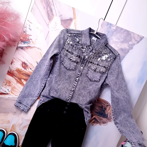 SZARA PRZECIERANA KOSZULA - CEKINY - CYRKONIOWE ŁAŃCUSZKI