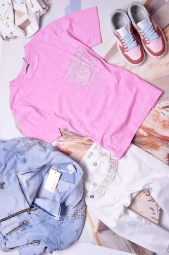 MINT - RÓŻOWA BLUZKA - CYRKONIOWA APLIKACJA KIESZONKI 