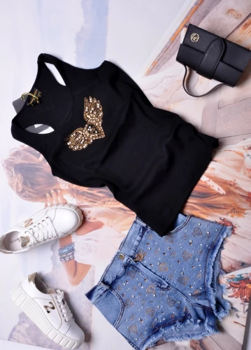 CHARLIZE FASHION - KOMPLET - CZARNY TOP I JEANSOWE SZORTY