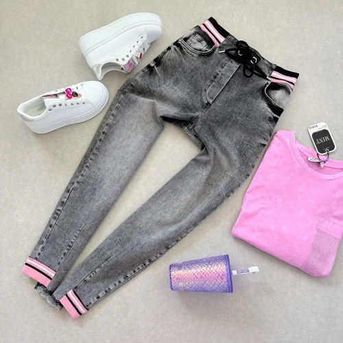 COCO BIANCA - SZARE SPODNIE - MOM FIT - RÓŻOWE ŚCIĄGACZE