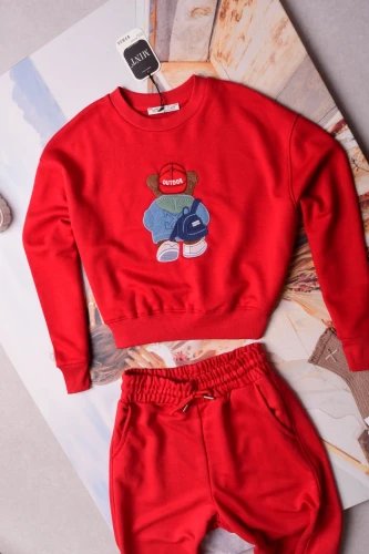 MINT - CZERWONA KRÓTSZA BLUZA Z MISIEM